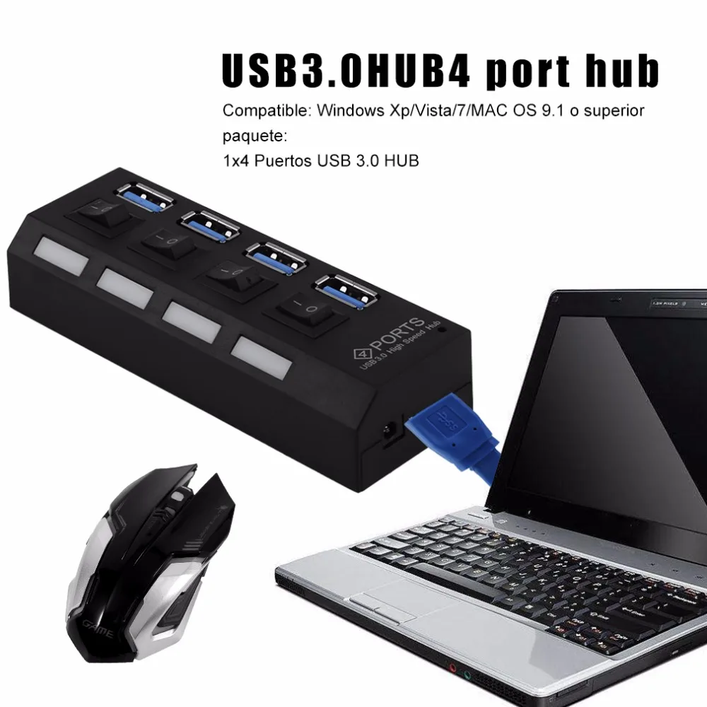 Профессиональный штекер и воспроизведение 4 порта USB 3,0 концентратор вкл/выкл выключатели и кабель адаптера питания переменного тока для ПК ноутбука ЕС/США штекер