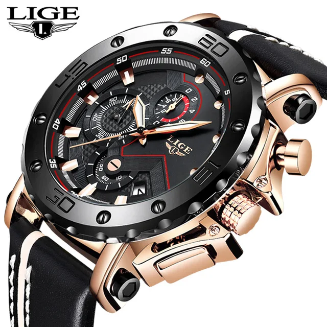 

New LIGE Men Watches Fashion Chronograph Male Top Brand Luxury Quartz Watch Men Leather Waterproof Sport Watch Relogio Masculino