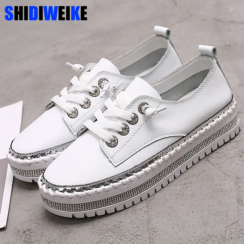 

2019 women platform sneakers shoes female Genuine Leather Walking flats Loafers for women White crystal Comfort Vacation shoes