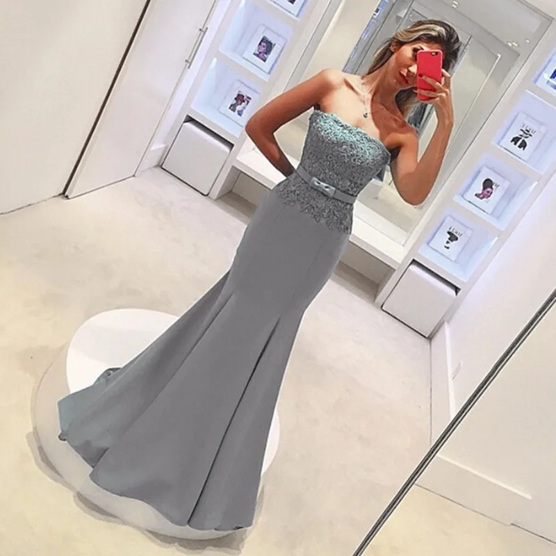 Gray-Mermaid-Bridesmaid-dresses-Long-Strapless-Backless-Elegant-Cheap-Lace-Wedding-party-gowns-Applique-Maid-of