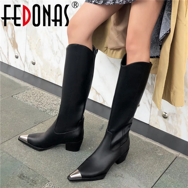 

FEDONAS 2020 Autumn Winter Quality Genuine Leather Slip On Women Knee High Boots Fashion Punk Pointed Toe High Heels Party Boots