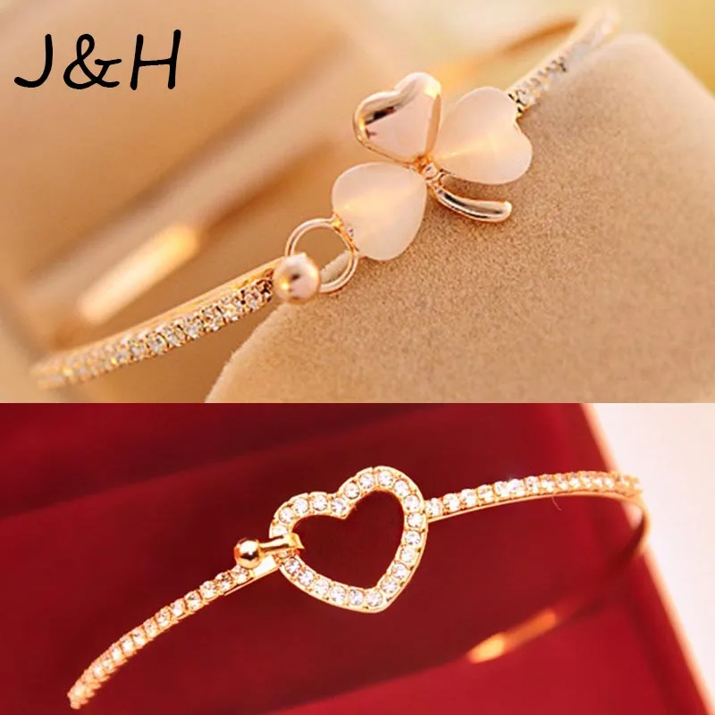 

Hot Gold Color Trendy Romantic Heart Crystal Open Charm Cuff Bracelets Bangle For Women Clover Flower Bangles Girlfriend Gift