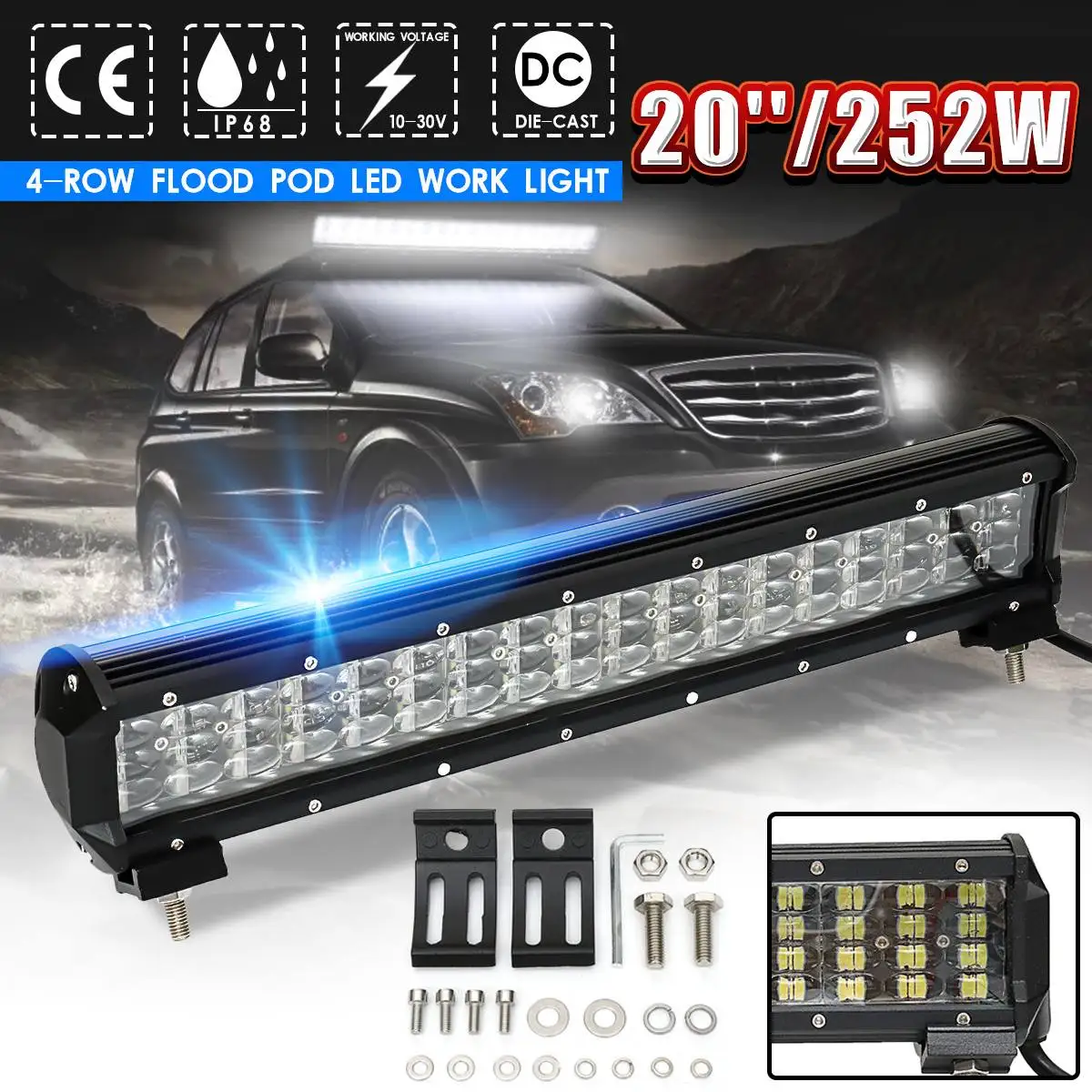 

20 Inch 252W 4-Row 84 LED Work Light Bar Flood Beam Lamps Bar for Offroad 4WD SUV Truck ATV SUV Ip68 Waterproof Dustproof