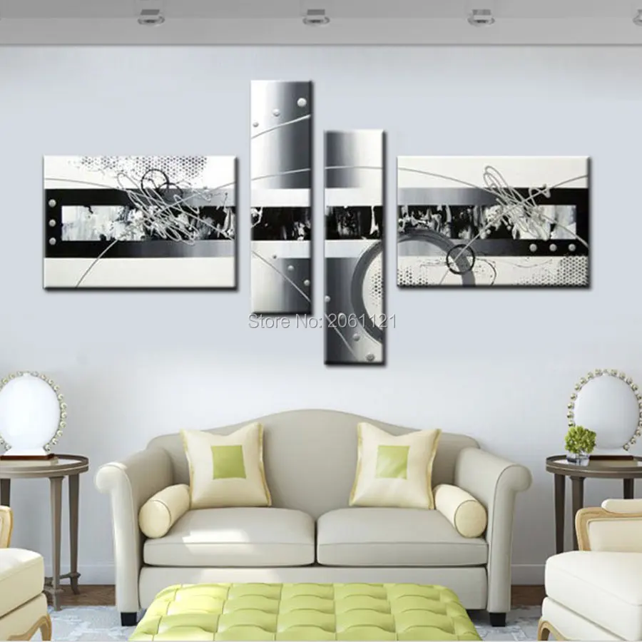 Free Shipping Handpainted White Silver Gray Modern Abstract