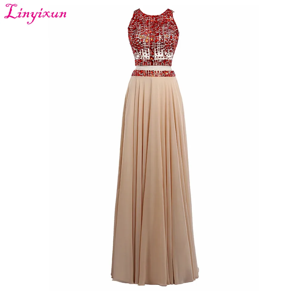 

Linyixun Real Photo Sexy Two Pieces Prom Dresses 2017 Crystal Beaded Scoop Neck Sleeveless Long Evening Dress vestidos de festa