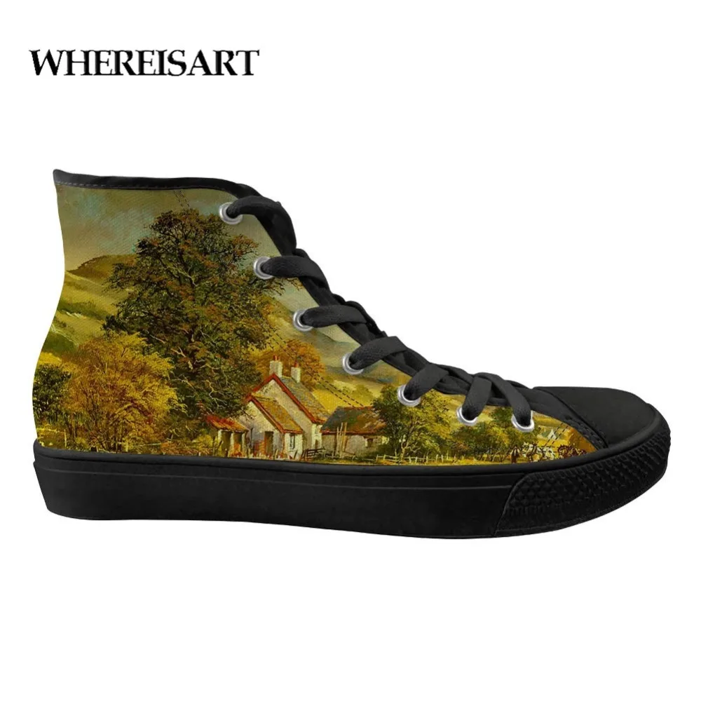 

WHEREISART Men's Vulcanized Shoes Hand-Painted Painting Small Village Men's High-Top Teen Boys Canvas Shoes Casual Breathable