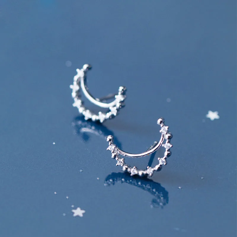 

Cute Hollow CZ Crescent Moon 925 Sterling Silver Studs Earrings
