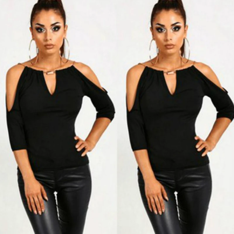 

New Summer Fashion Three Quarter Strap Chiffon Shirts Simple Tide Ladies OL Strapless Tops Shirt Clothes XL