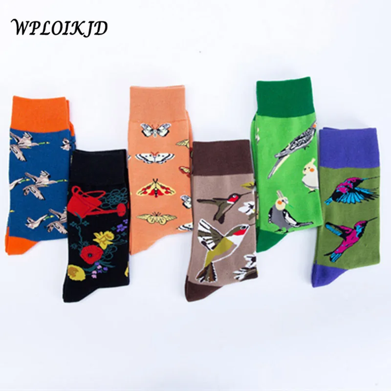 

[WPLOIKJD]New Hip Hop Art Wedding Men Socks Cartoon Bird Personality Skateboard Colorful Happy Socks Creative Calcetines Hombre