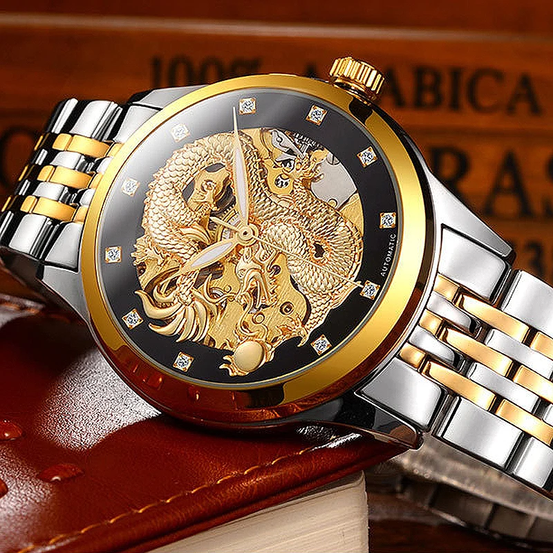 Reloj Hombre Dragon Skeleton Automatic Mechanical Watches For Men Wrist Watch Steel Strap Gold Clock 50m Waterproof Male