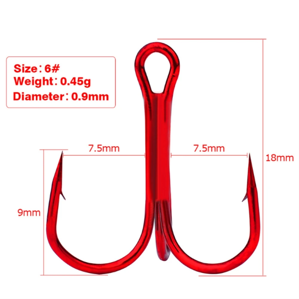 10Pcs/lot Three Hook Red Nickel Color Fishhook 2/4/8/10# Fishing