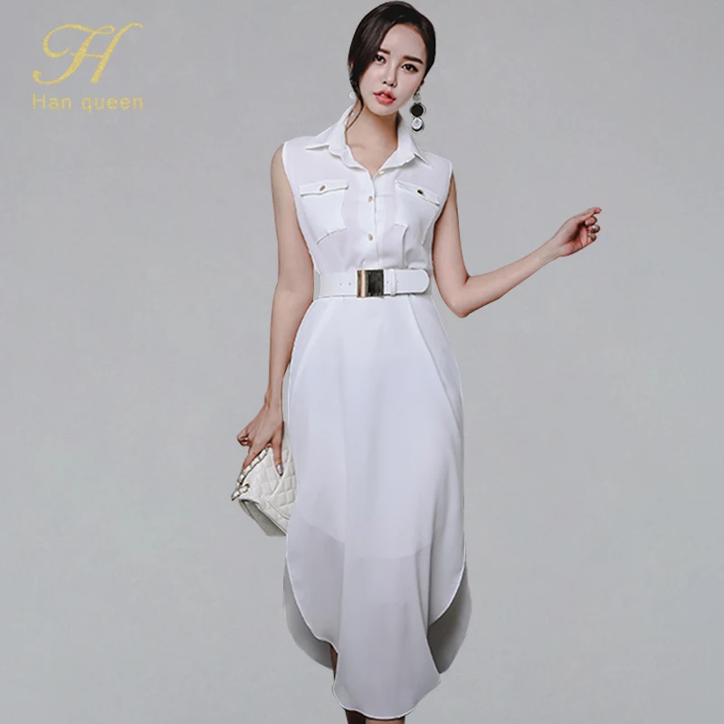 

H Han Queen Elegant Solid Color Chiffon Belted Dress Women 2019 New Single-breasted Mid-calf Dresses OL Work Wear Tank Vestidos