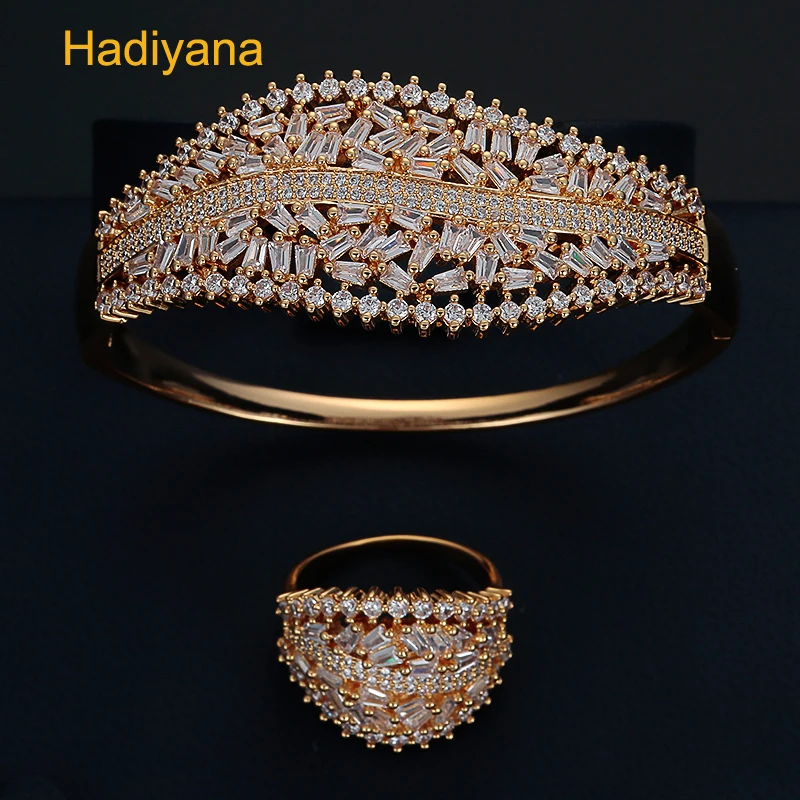 

HADIYANA New Bohemia Lady Bangles And Rings 2pc Sets Shiny Cubic Zircon Beautiful And Unique Style Design Jewelry Set Prom SZ172
