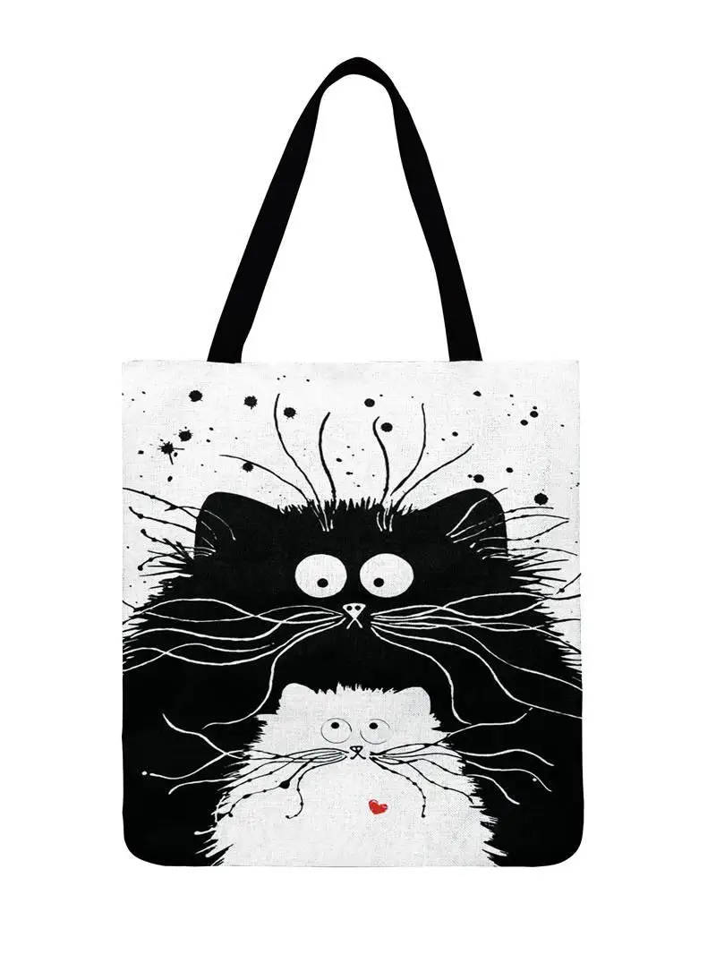 Ins/черная и белая сумка-тоут с принтом кота для женщин, льняная тканевая сумка, Повседневная Складная сумка для покупок, уличная пляжная сумка, Повседневная сумка - Цвет: 8