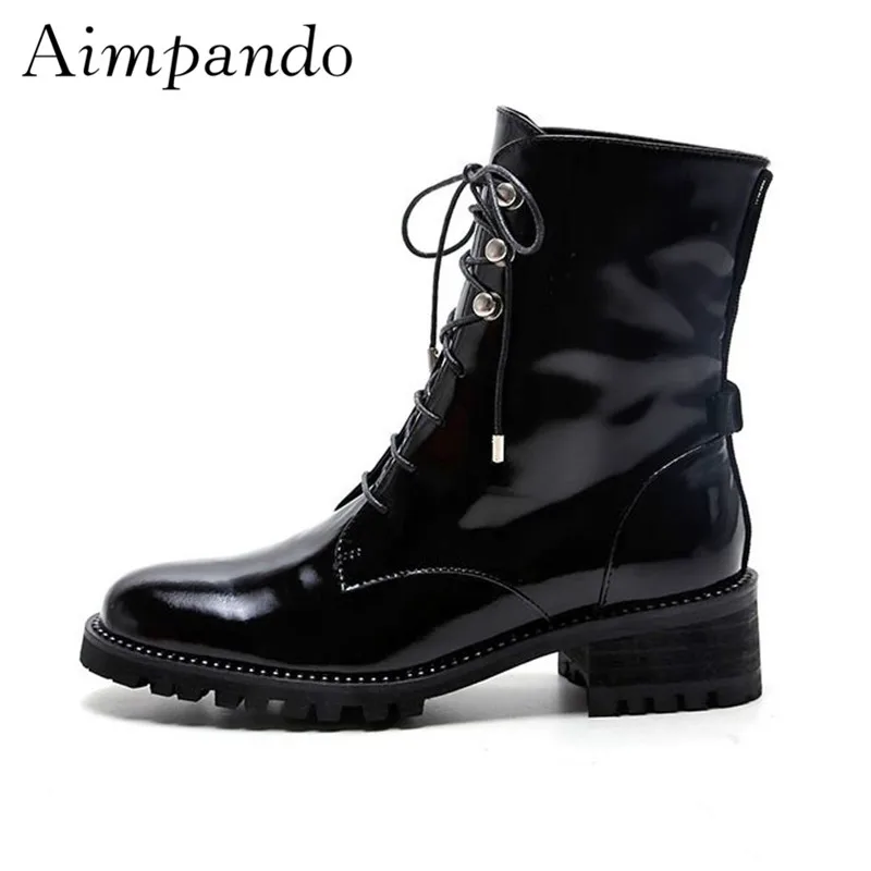 

Concise Cross-tied Martin Boots Black Leather Motorcycle Boots Round Toe Short Booties Winter Botas Mujer