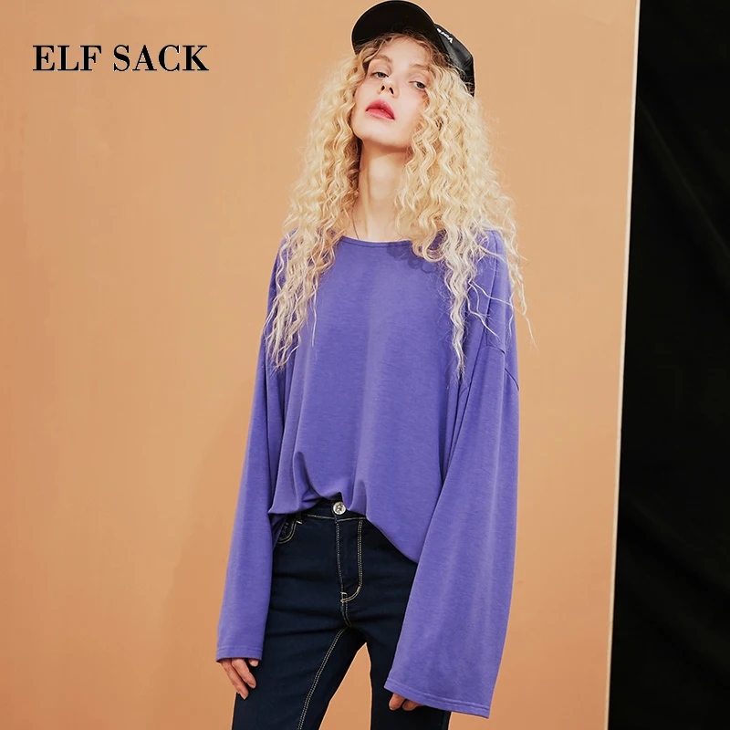 

ELF SACK Autumn New Woman Tshirt Casual Solid O-Neck Women T-shirt Full Harajuku Female Tshirt Femme Tees Women Tops Clothes