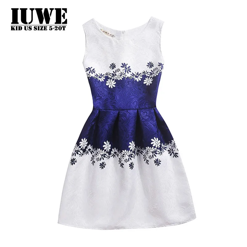 

2018 Summer Autumn Blue Sleeveless White Flower Printed Big Size Teens Party Girls Dresses for Kids 12 Years Children Clothi