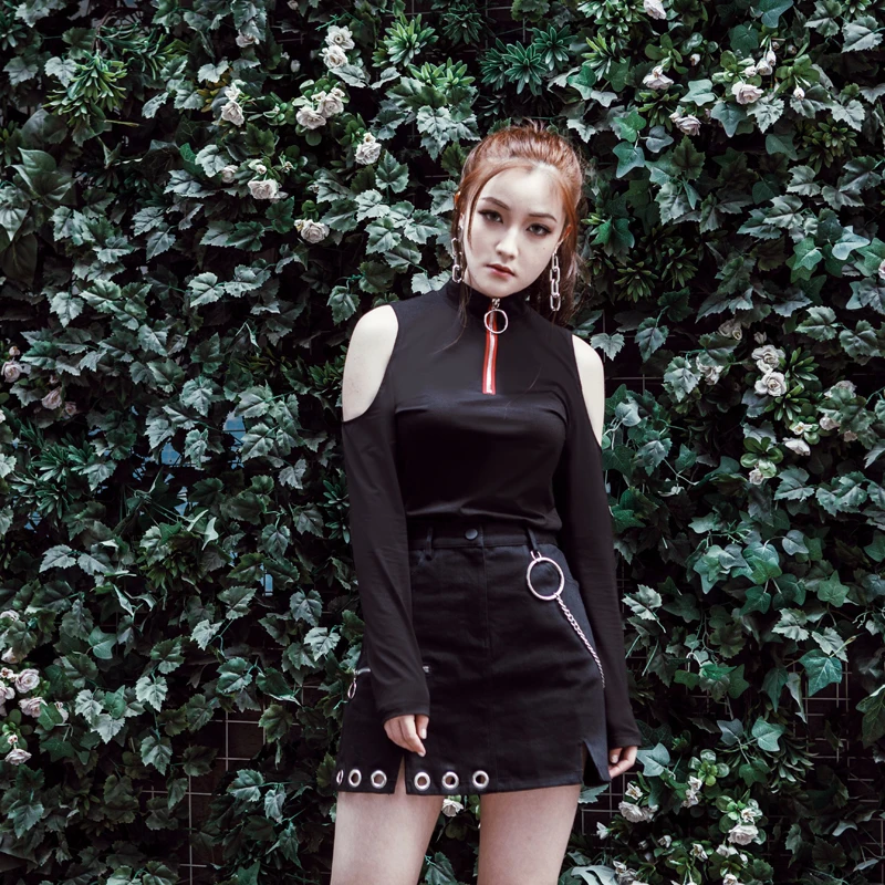 Black Open Shoulder High Collar Long-Sleeved Shirt Women Quarter Zipper Contrast Color Collar Tops Female  Chic Slim Streetwear2