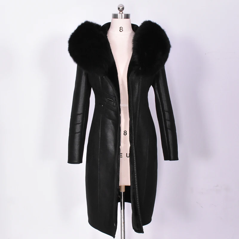 Top Brand Women Maxi Long Real Fur Jacket Plus Size 8XL Slim Fit Leather Overcoat Fox Fur Hoody Winter Coat Ladies Warm Parka