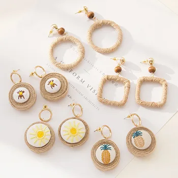 

New Fashion Bohemian Linen Weave Geometric Drop Earrings For Women Boho Handmade Embroidery Square Round Dangle Earring Jewelry