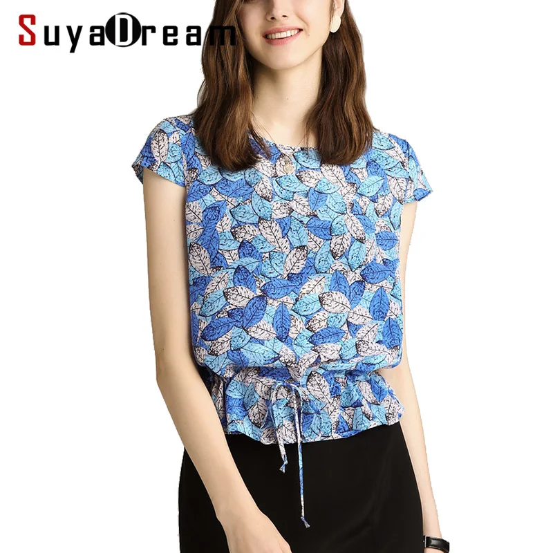 

Women Silk Blouse 100%Real Silk Crepe Printed Blouse Shirt Short Office Lady Short Sleeved 2019 Spring Summer New Top