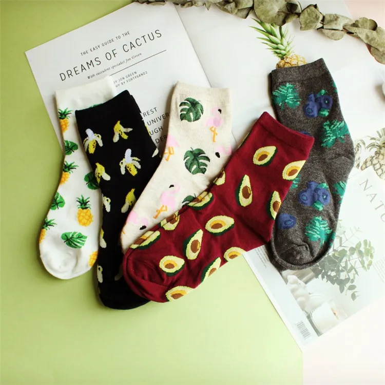 Happy Fruit носки для женщин из чёсаного хлопка высокого качества Socken Новое поступление милые носки с изображением фламинго лисы и животных