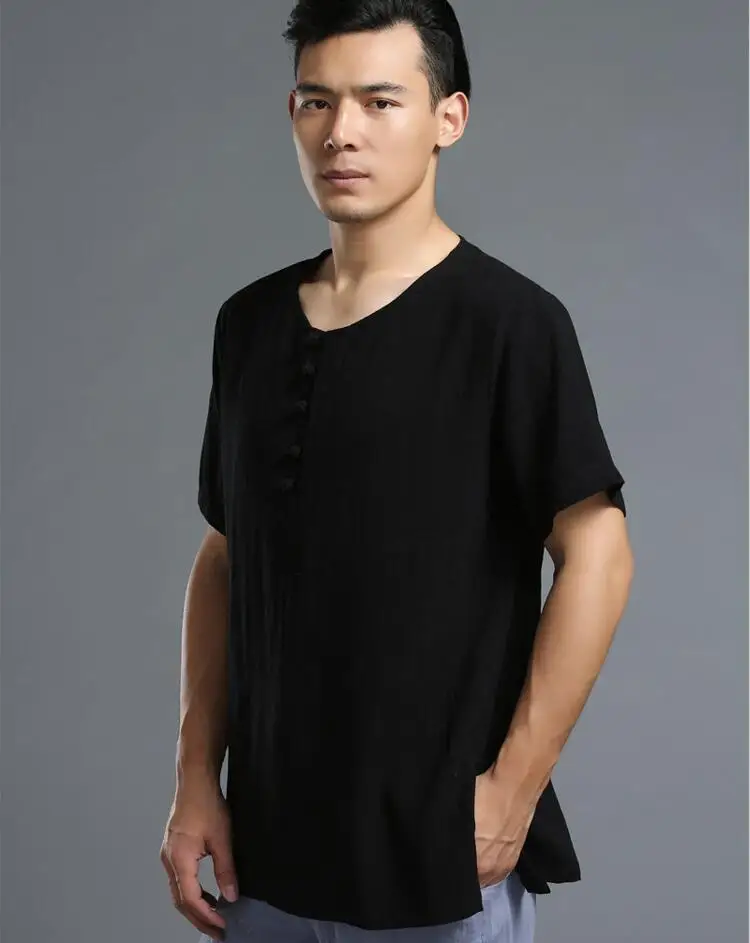 Новый китайский Стиль брендовые хлопковые льняные мужские рубашки, большие размеры Linen Short-Sleeve Shirt черный, красный, синий белая блузка