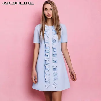 

JYConline Elegant Blue Ruffles Summer Dress Women Short Sleeve Party Dresses Female Vestidos Robe 2017 Kawaii Sexy Mini Dresses