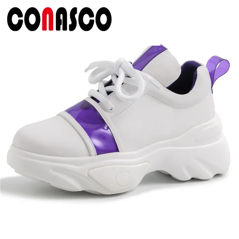 

CONASCO Top Quality Genuine Leather Women Sneakers Platform Flats Lace Up Fashion Flats Shoes Spring Summer Leisure Shoes Woman