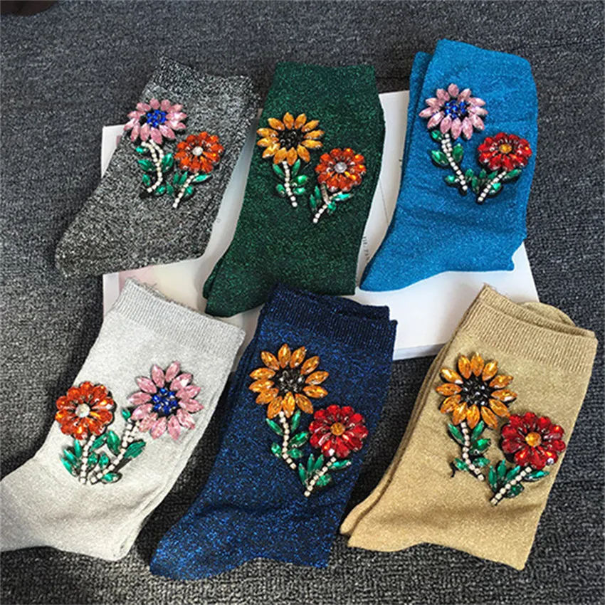 

High Quality Spring Autumn Fashion Shining Glitter Socks 2018 Knit Women Luxury Brand Handmade Bead Flora Diamond Harajuku Socks
