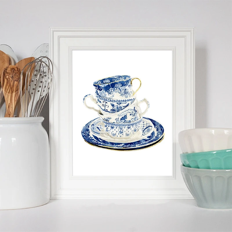 Винтажные чайные чашки акварельные художественные принты сине-белая ива чайная чашка китайский художественный холст живопись настенные художественные картины плакат домашний декор