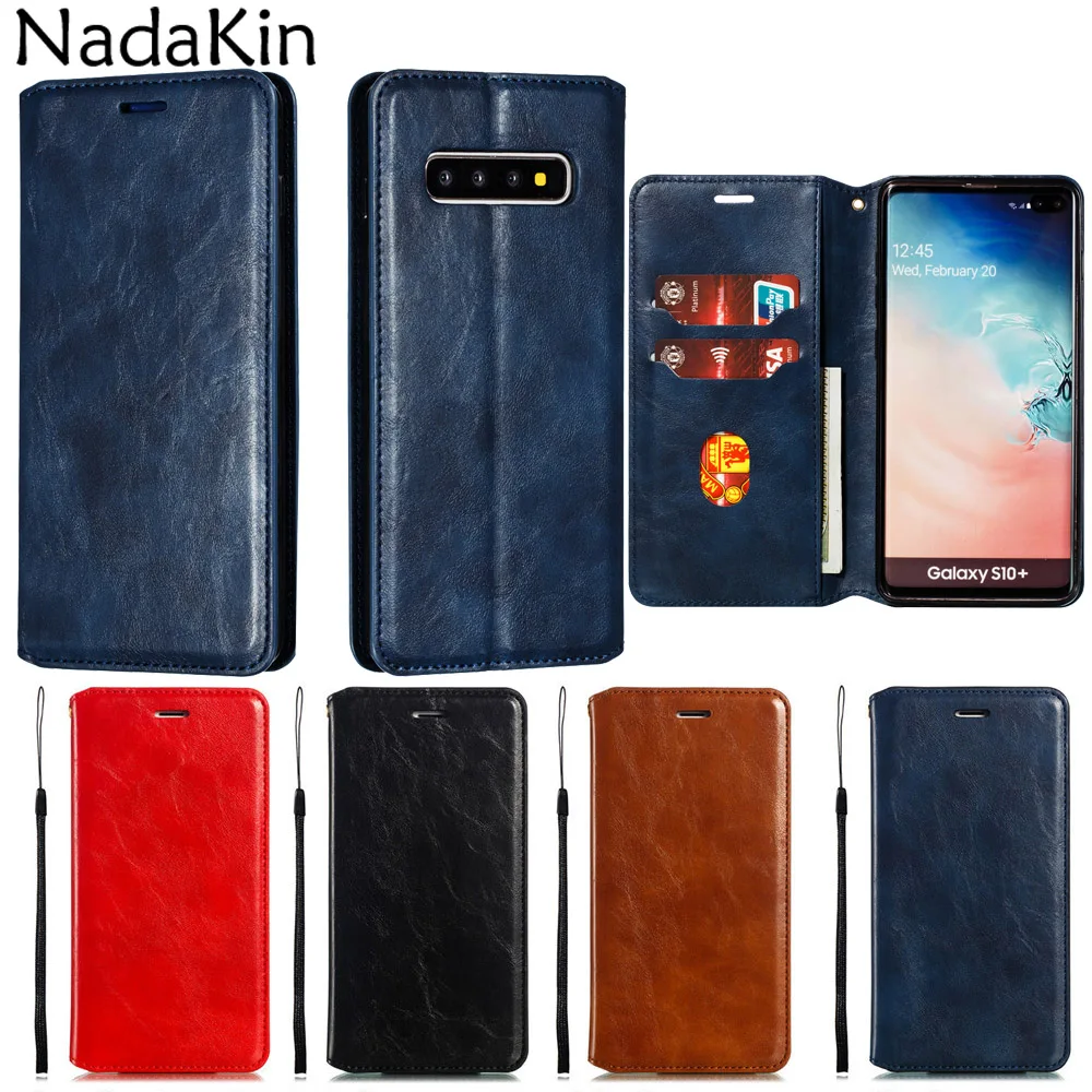 

Flip Book Phone Case Shell for Samsung Galaxy S10e S10 S9 S8 Plus S7 Edge Note 8 9 Luxury Plain Leather Cover With Strap