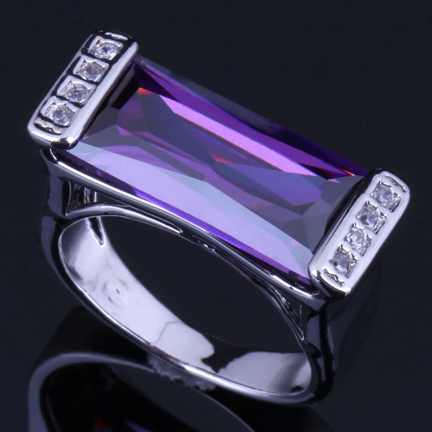 

Magic Rectangle Purple Cubic Zirconia White CZ Silver Plated Ring V0653