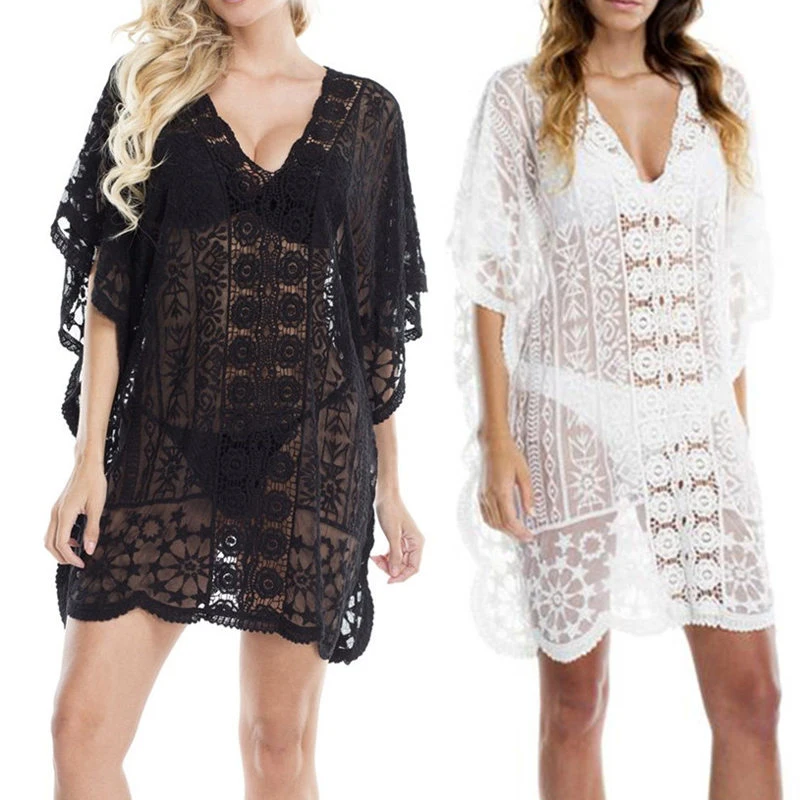 

2019 Kaftan Beach Pareo Beachwear Swim suit Cover up Playa Pareo Tunics for Beach Tunic Swimwear Women Lace Beach Dress #Z304