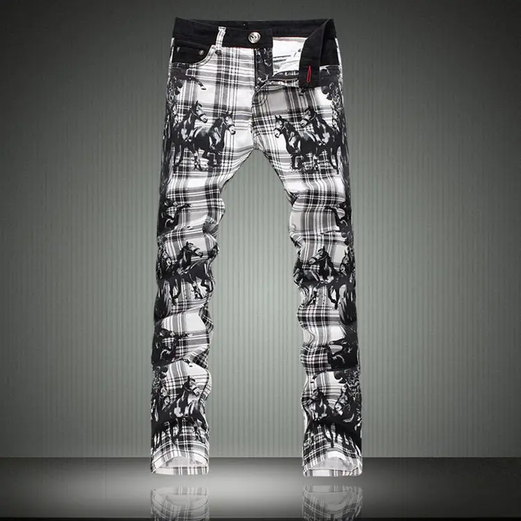 Plaid print jeans male slim elastic male flower pants jeans trousers made in china jeans