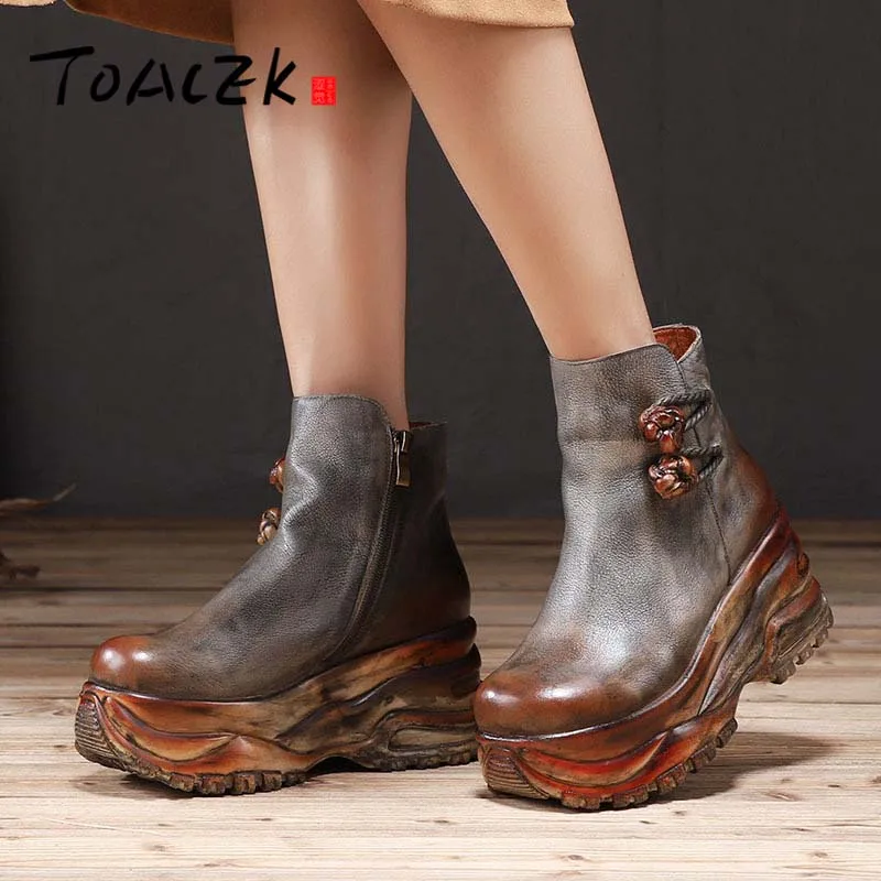 

Autumn and winter new wedge heel platform boots female leather retro color increase top layer leather boots