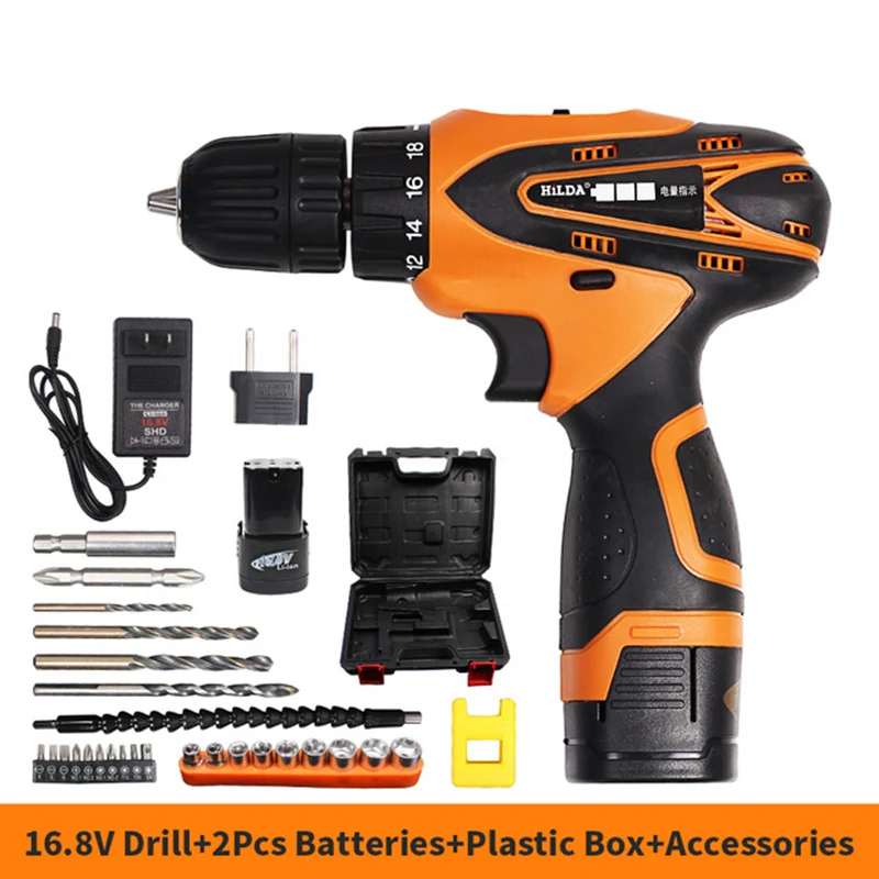 

16.8V Cordless Screwdriver Electric Drill Two-Speed Rechargeable Lithium Battery*2 with Drill Bit Accessories Set