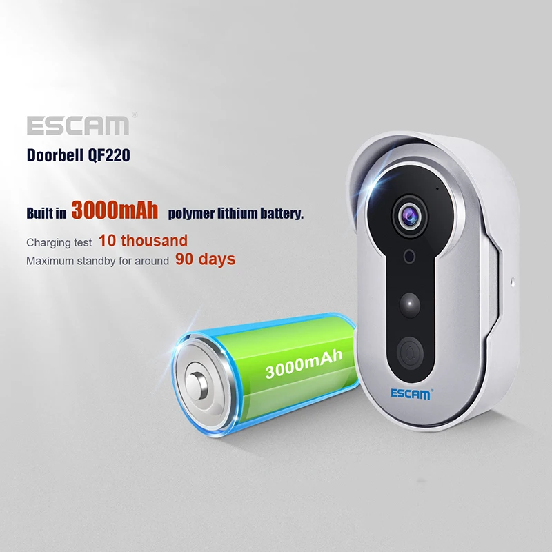 ESCAM Doorbell QF220 HD 960 Built In 3000 MAH Battery Infrared Wireless Smart Doorbell 960P P2P Mini IP IR Surveillance Cameras