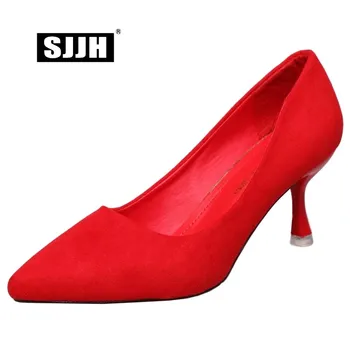 

SJJH Flock OL Pumps with Pointed Toe Thin Heels Women Slip-on Comfortable Footwear Black Formal Working Shoes EU35-40 A1404