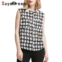 Women Blouses 50% REAL silk 50%Cotton Two Pockets Sleeveless Printed Blouse shirt 2019 Spring Summer new