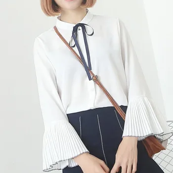 

Spring Autumn New Women Blouse Solid Flare Sleeve Bow Shirt blusas mujer de moda