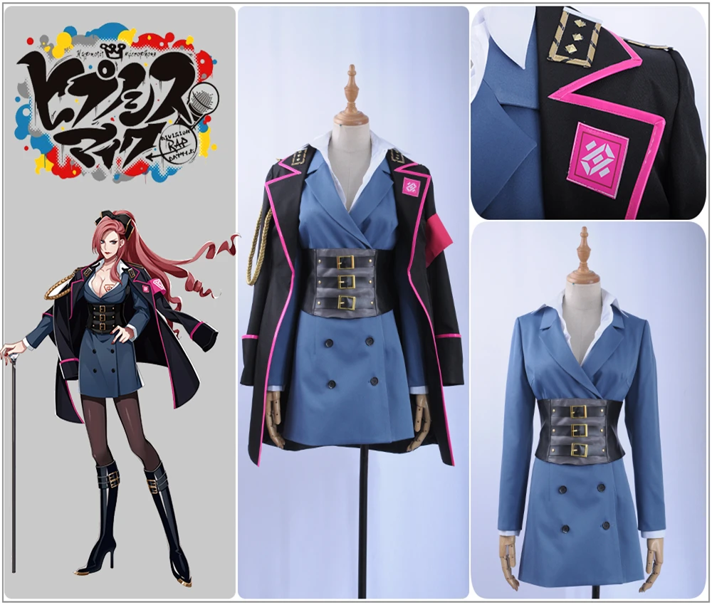 Games Voice Actor Kadenokoji Cosplay Kostuum Custom Vrouwen Zwarte Jas Blauwe Jurk Uniform Corset Boog Armlet