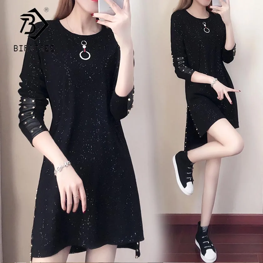 

2018 Winter New Arrival Plus Size 5XL Dress Sweet Loose Dot Full Beading Regular Empire O Neck Elegant Fashion Top Hot D88403N