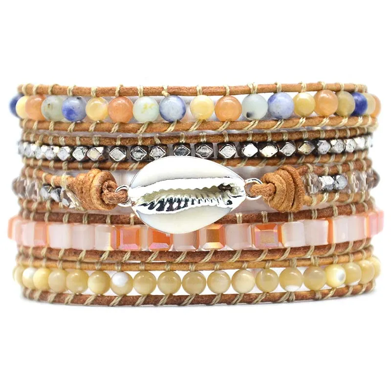 

5X Wrap Bracelet Pearl Mix Stone Leather Bracelet See Shell Pedant Boho Bracelet