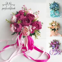 Perfectlifeoh невесты подружек невесты цветы романтические свадебные цветок Свадебные Свадебный букет ярко розовый синий фиолетовый Шампань