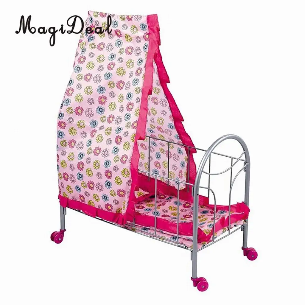 Simulation Baby Toddler Crib Bed with Tents Wheels ABS Plastic Furniture for 9-20inch Reborn Doll Supplies