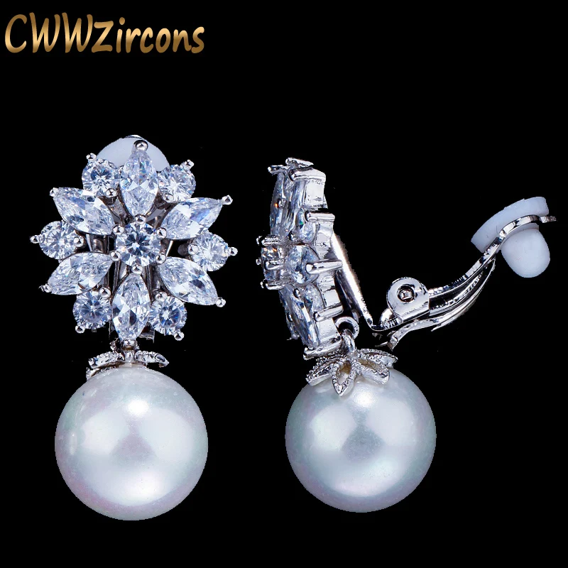 CWWZircons дизайнерский CZ Кристалл цветок жемчуг без отверстий серьги для женщин модные ювелирные изделия Ушная клипса не пирсинг серьги CZ408