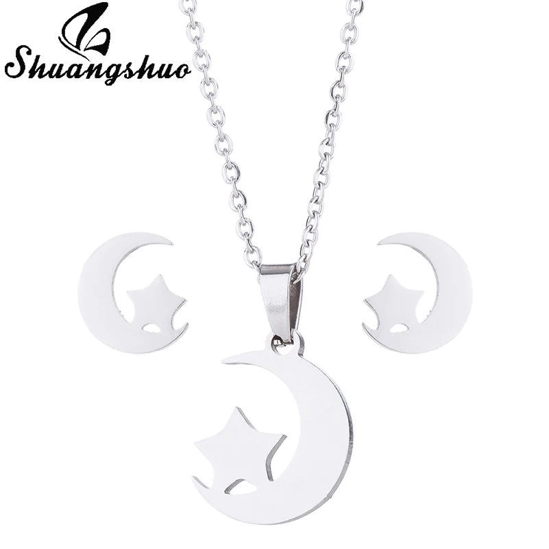 Shuangshuo, маленькая звезда и луна, серьги-гвоздики, ожерелья, Звездные Серьги для женщин, минималистичные ювелирные изделия из нержавеющей стали, подарки на день рождения