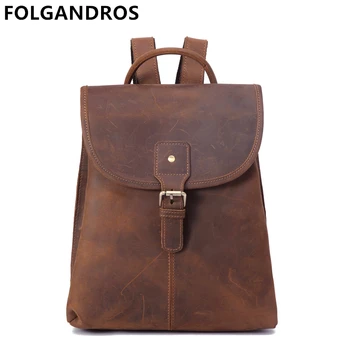 

FOLGANDROS Brand Genuine Leather Backpack Top Crazy Horse Cow Leather Daypack Designer Handmade Vintage Double Shoulder Bag