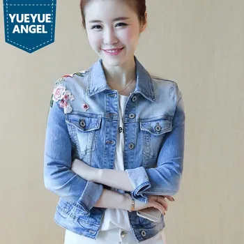 

Korean Chic Retro Flower Patchwork Female Jacket Classic Washed Blue Slim Fit Womens Outerwear Lapel Collar Jeans Coat 2XL